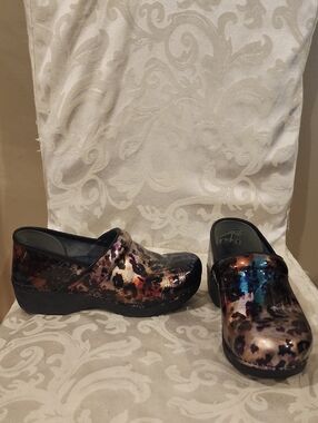 Dansko Multicolor Metallic Leopard Patent Clogs